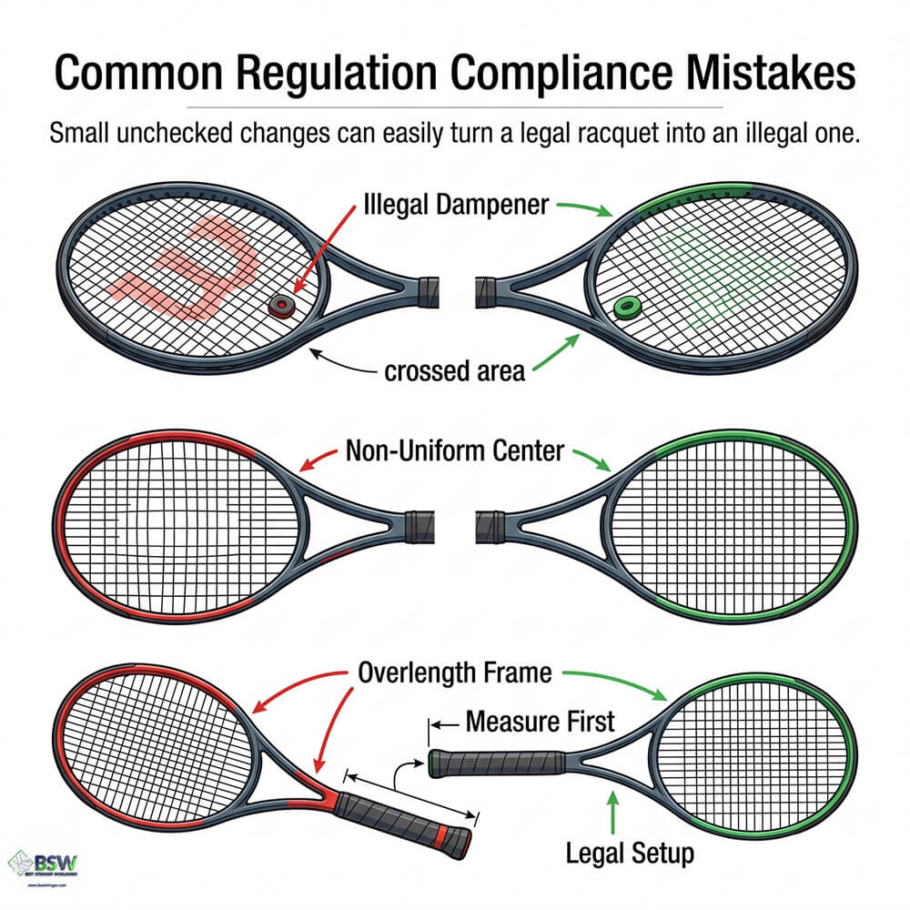 Tennis stringer pointing out an illegally placed vibration dampener inside crossed strings