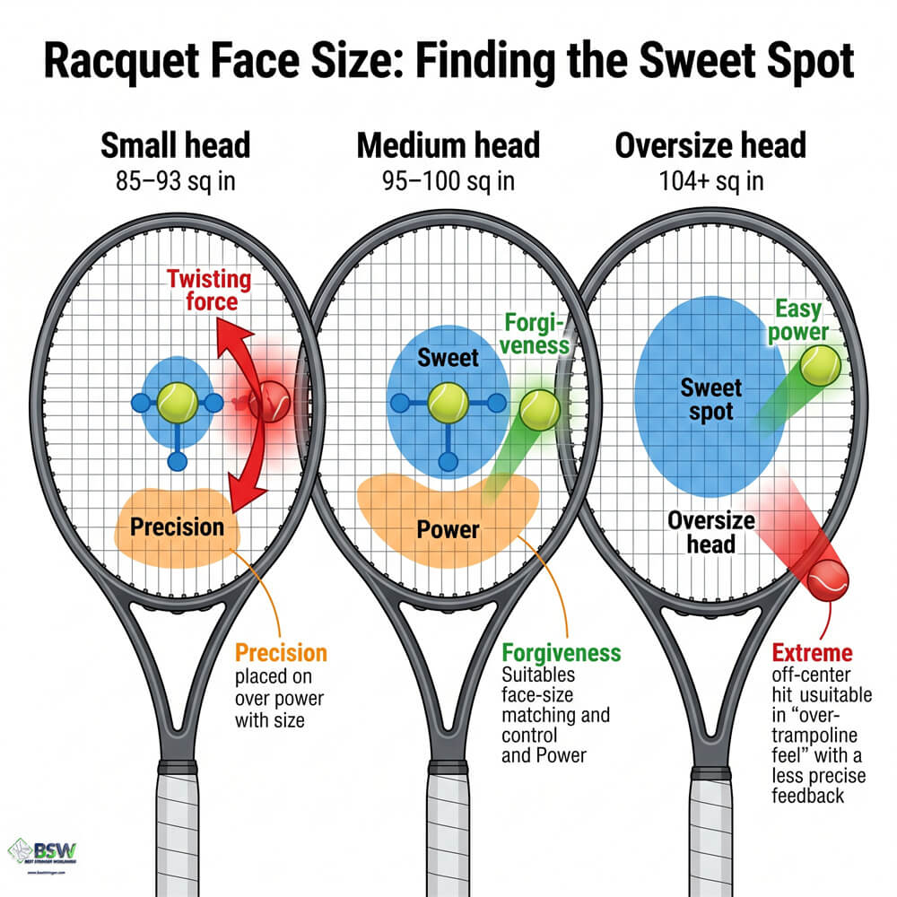Tennis stringer pointing out stringbed behavior resulting from face size and racquet stability