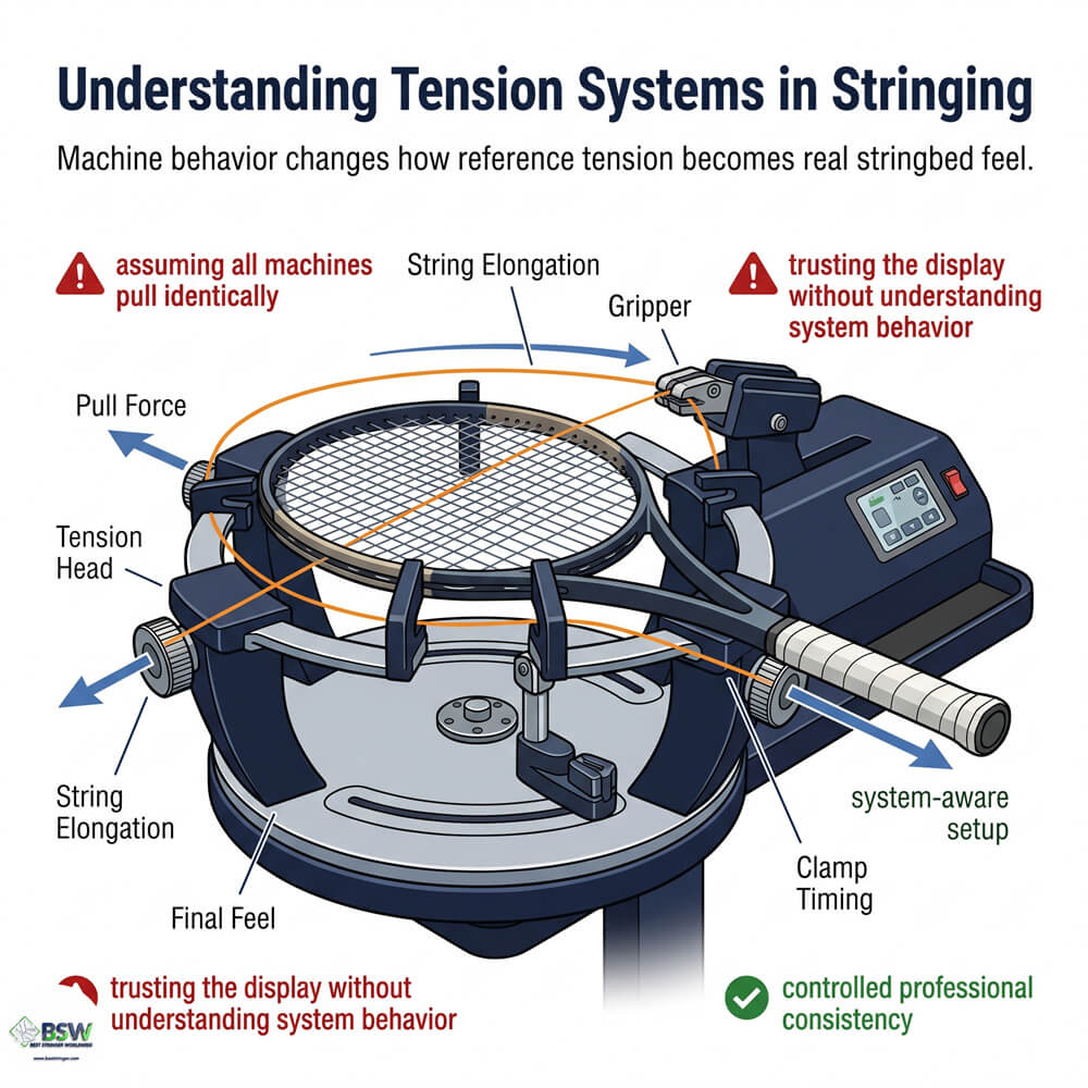 Tension systems in racquet stringing showing lock-out vs constant-pull machine setups