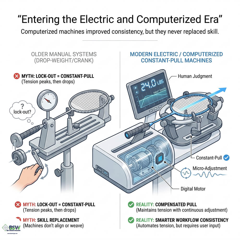 Understanding lock-out vs constant-pull machines in racquet stringing