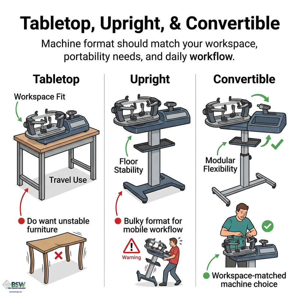 Upright and tabletop stringing machine comparison