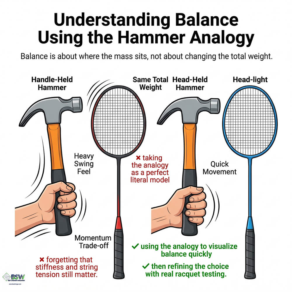 Using the hammer analogy to explain concentrated mass in a badminton racquet head