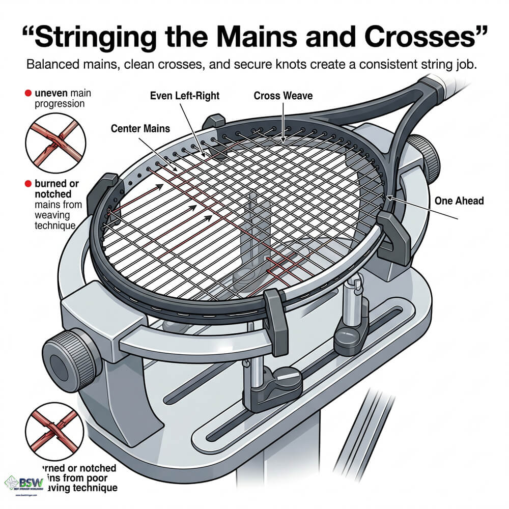 Weaving cross strings on a tennis racquet