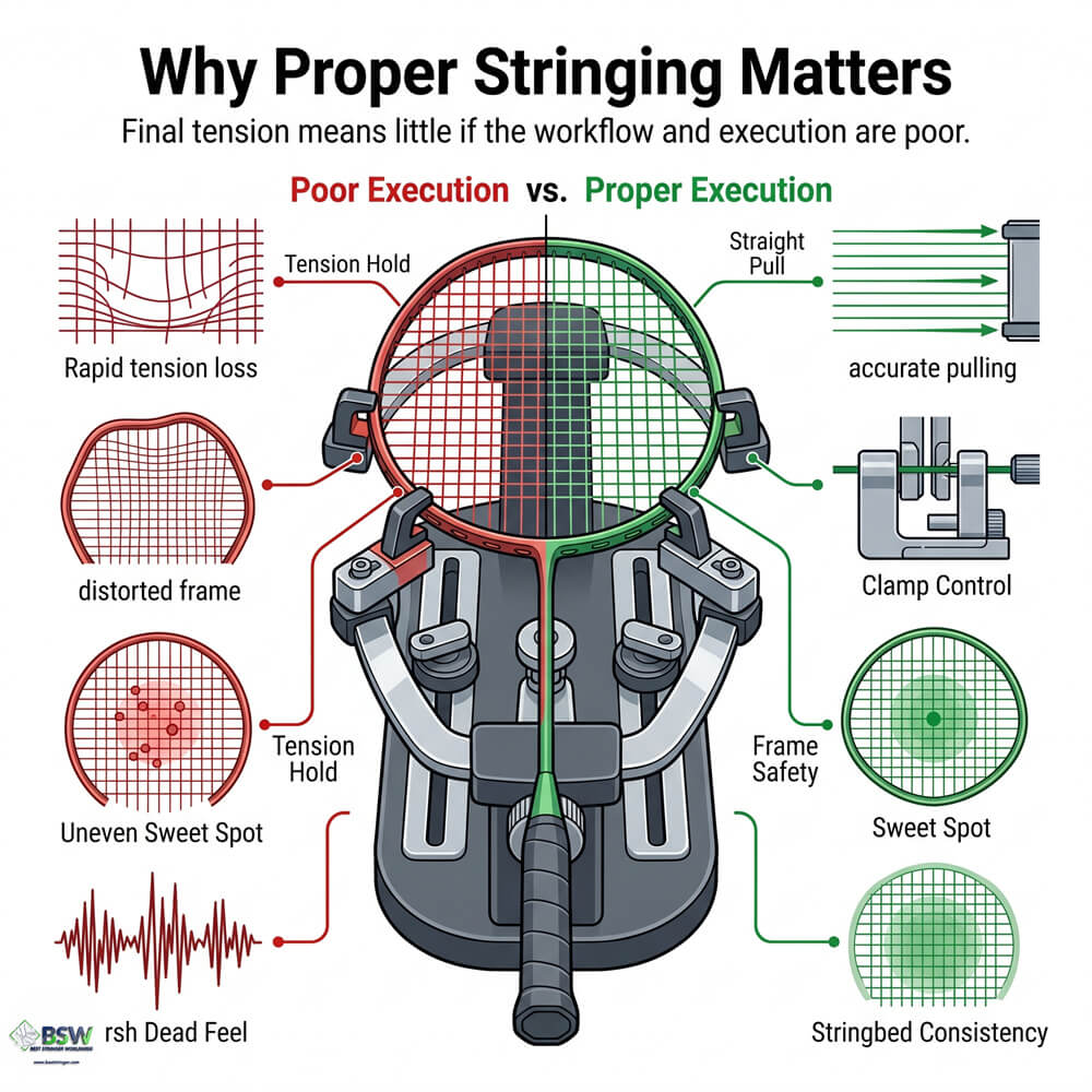 Yonex badminton stringing method example and YY four-knot technique