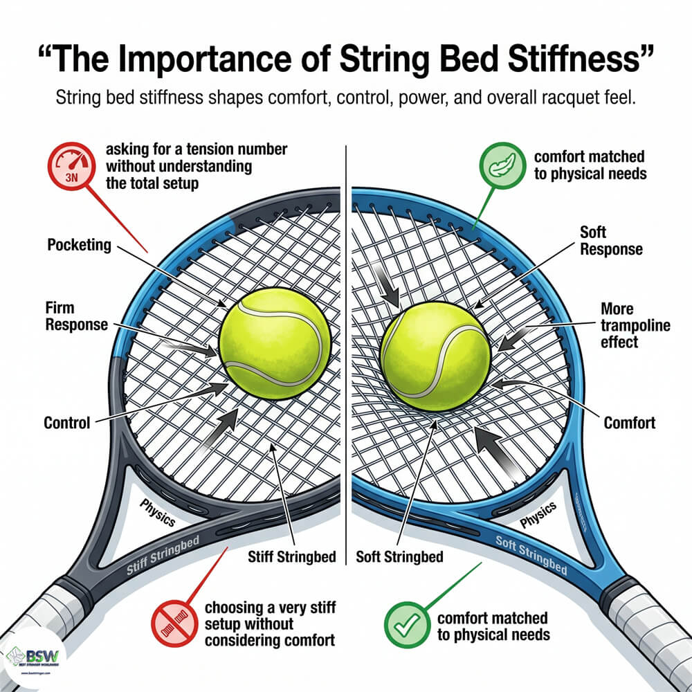 coach explaining tennis racquet feel and string bed stiffness