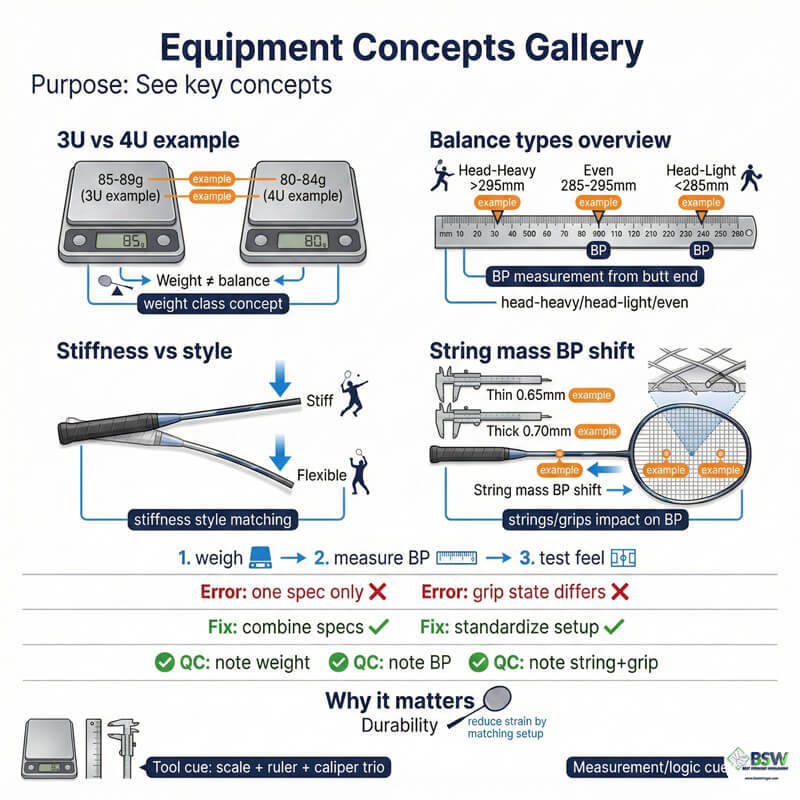demonstration of head heavy vs head light vs even balance point in badminton