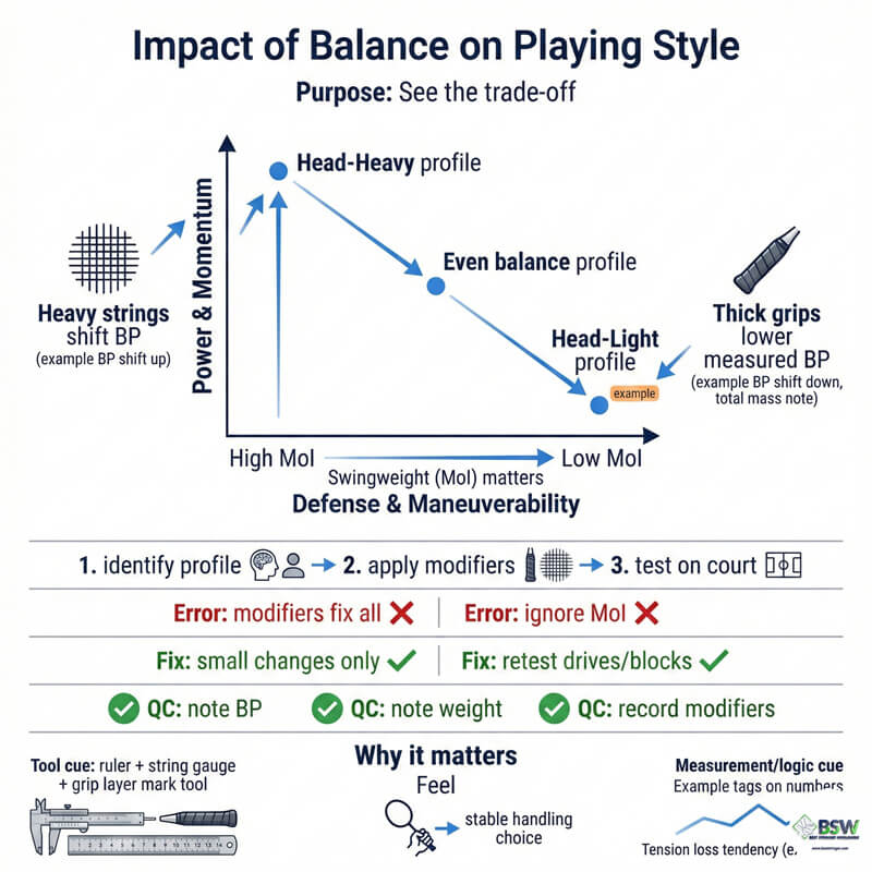 how string changes affect balance point BP measured from the butt end