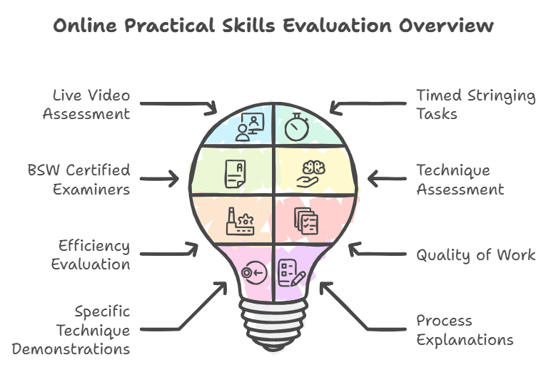 How is the practical skills evaluation conducted in an online format BSW Best Stringer Worldwide Certification