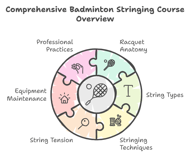 What topics are covered in the Badminton Stringing Course BSW Best Stringer Certification