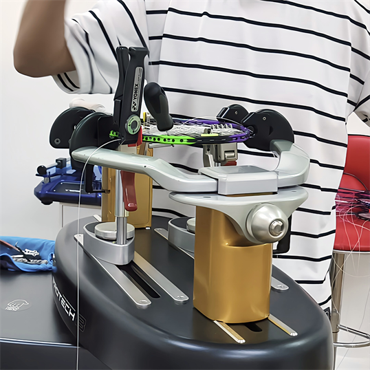 BSKR professional stringer demonstrating tension measurement on electronic stringing machine in KL training facility