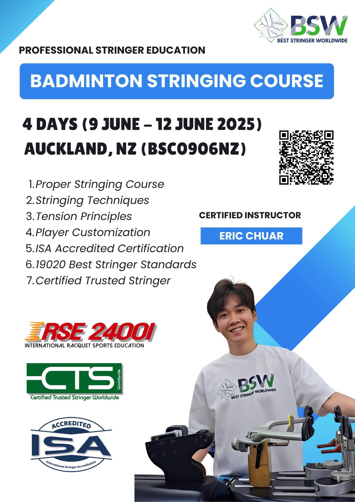 9 June 2025 BSC0906NZ - BSW Badminton Stringing Course & Certification Auckland New Zealand