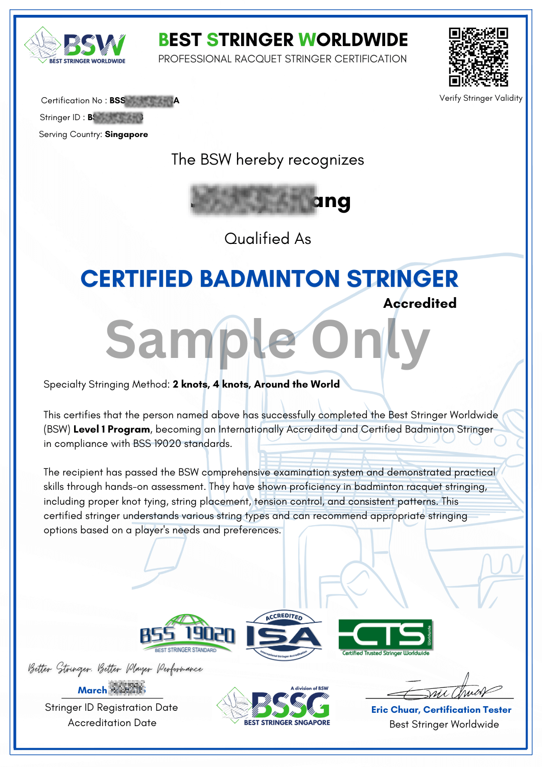 BSW Certified Badminton Stringer Certificate issued by Eric Chuar
