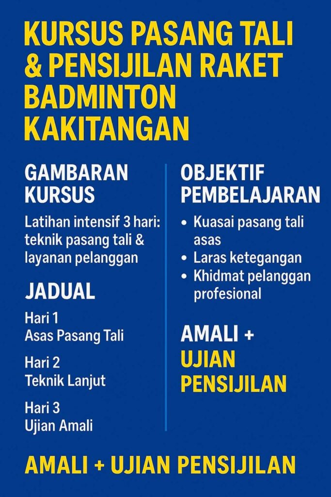 Pasang Tali Raket dan Pensijilan Kakitangan Pemasang Tali Bertauliah BSW