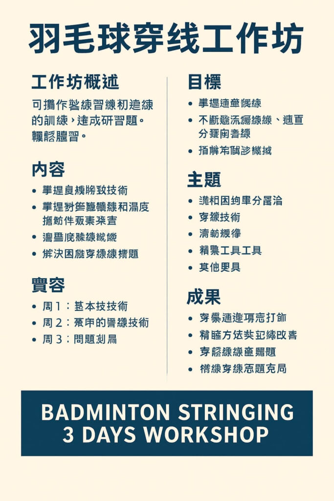 羽毛球拍穿線工作坊 BSW 國際認證穿線師