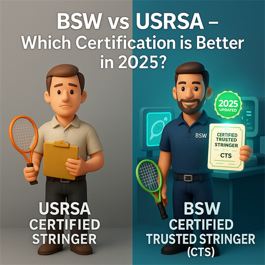 2025年 BSW Certified Stringer Pro vs USRSA 国际认证穿线师培训对比，展示现代羽毛球、网球、壁球技术