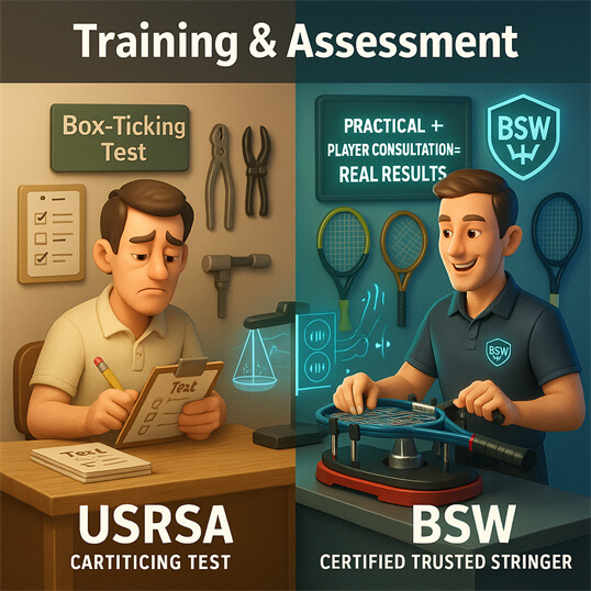 2025年 BSW vs USRSA 认证信誉穿线师考试评估对比，针对羽毛球、网球、壁球器材