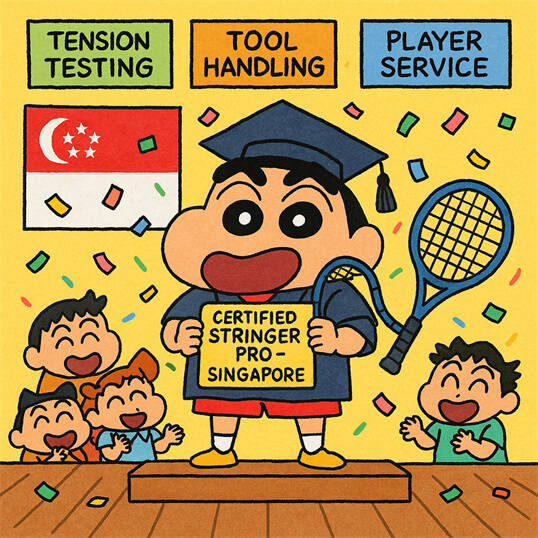 BSW Certified Stringer Singapore training in Singapore by BSW-Singapore demonstrating Advanced Stringer Diploma on electronic stringing machine BSW Certified Stringer Singapore training in Singapore by BSW-Singapore demonstrating Advanced Stringer Diploma on electronic stringing machine