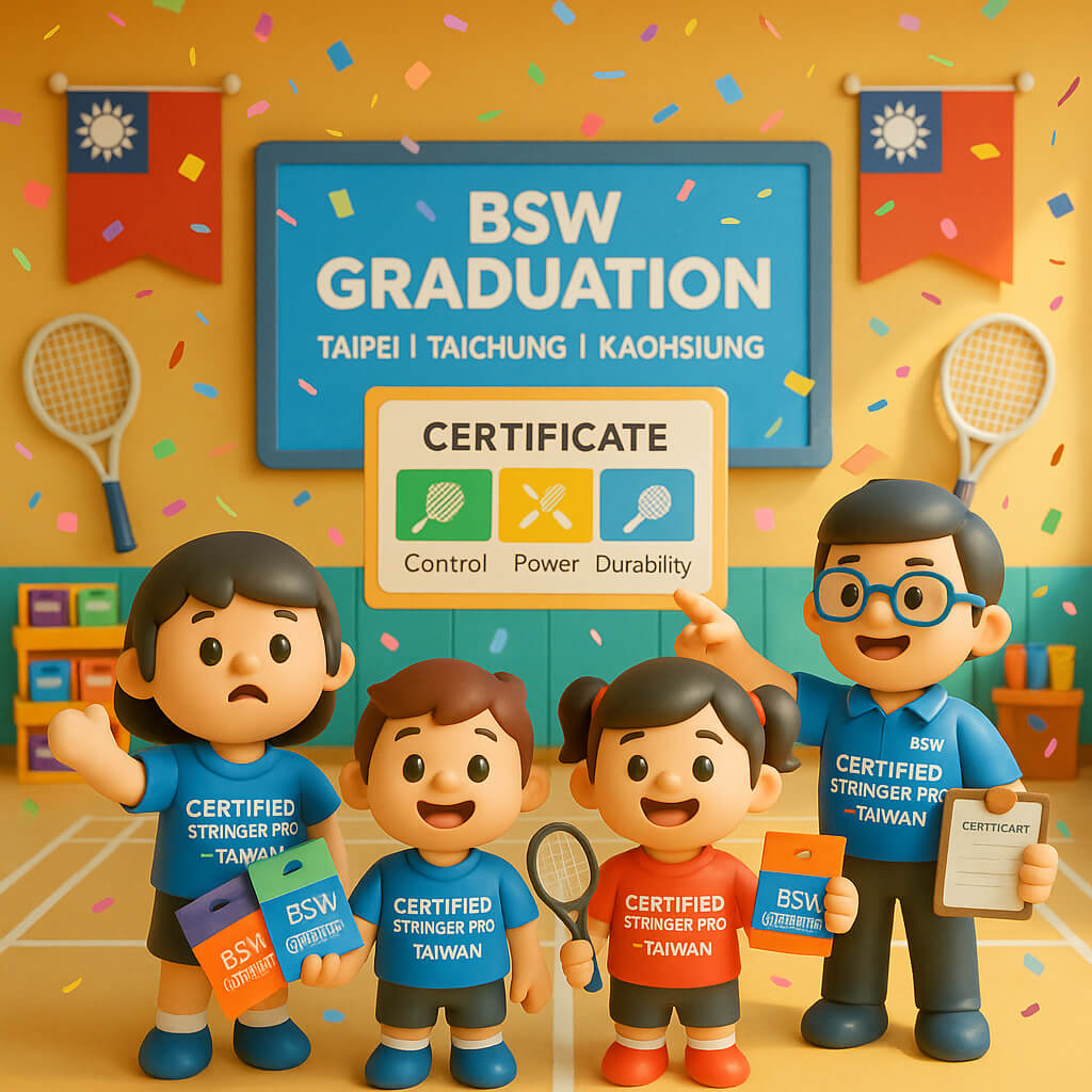 由 BSW-Taiwan 在 Taipei 举办的 BSW 台湾国际认证穿线师培训，在电子穿线机上演示 Certified Stringer Pro 技术