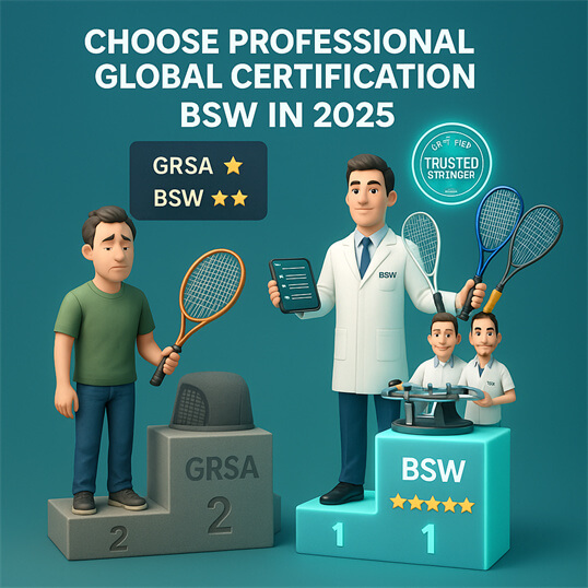 BSW Certified Stringer Pro 与 GRSA 全球认证培训对比，展示专业的羽毛球、网球、壁球技术 2025