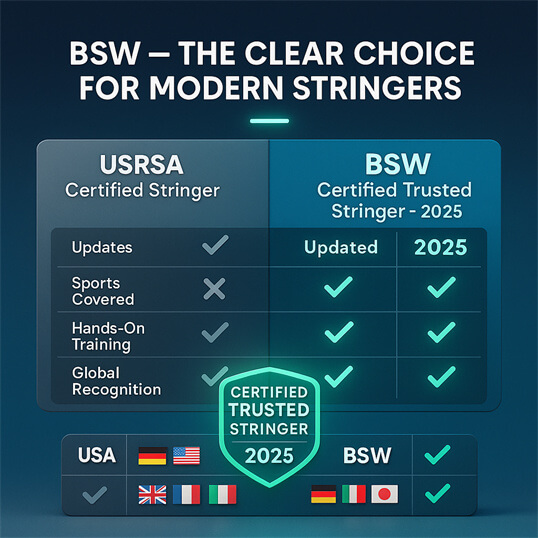 BSW Certified Stringer Pro vs USRSA 国际认证穿线师 2025年实践培训对比，使用现代羽毛球、网球、壁球器材