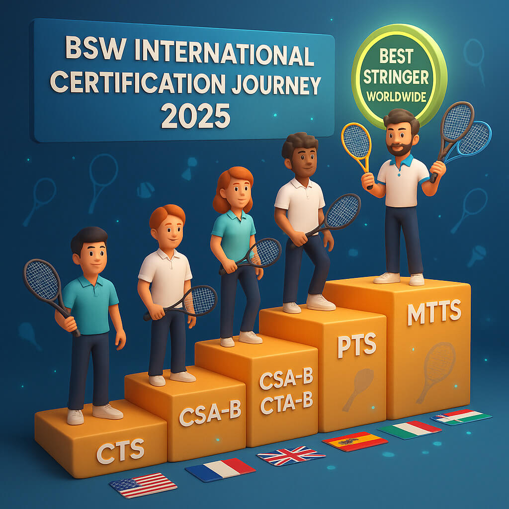 BSW 国际球拍穿线师认证 2025，使用数码设备进行羽毛球、网球、壁球的实操培训