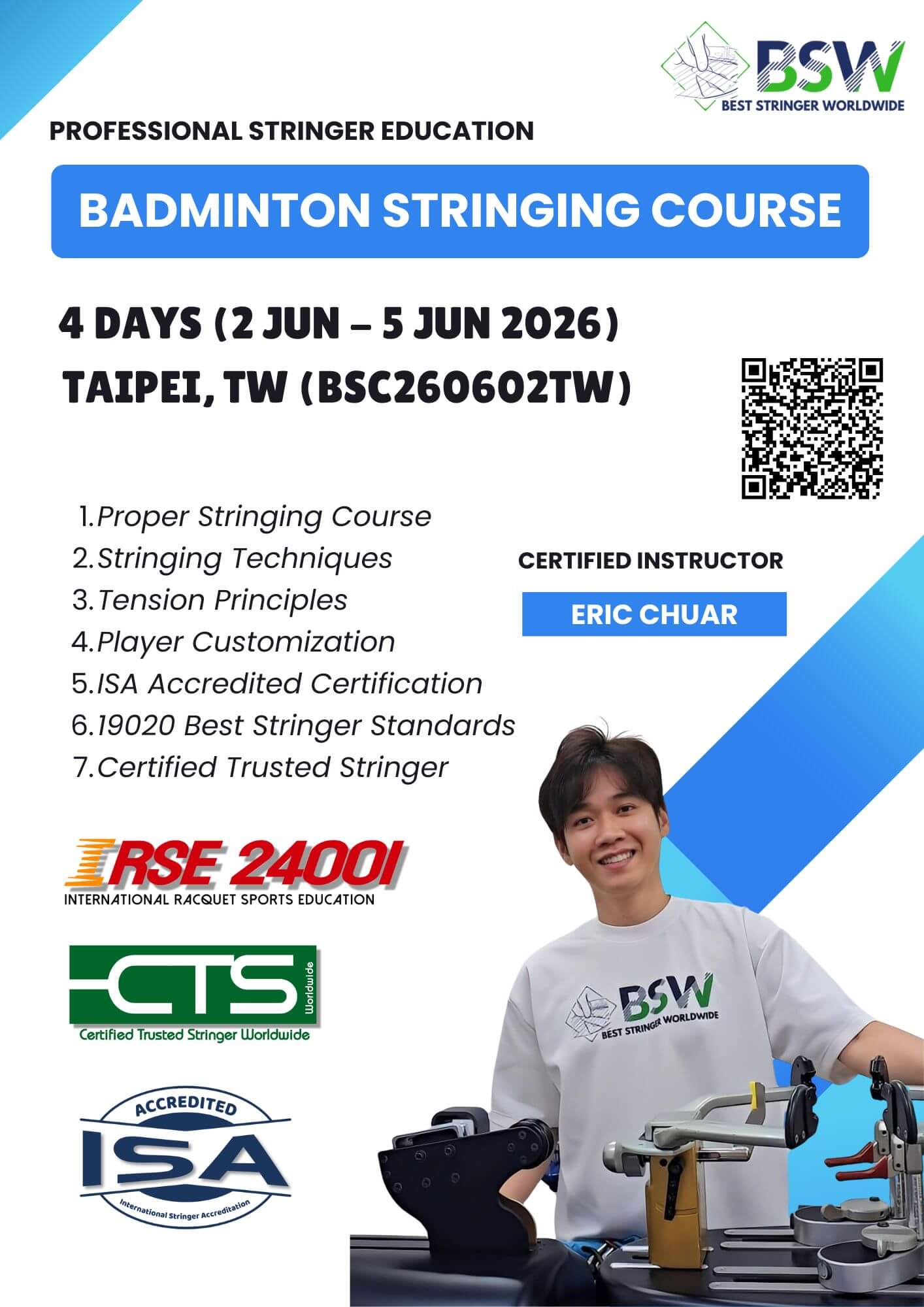 2 June 2026 BSC260602TW - BSW Badminton Stringing Course & Certification Taiwan