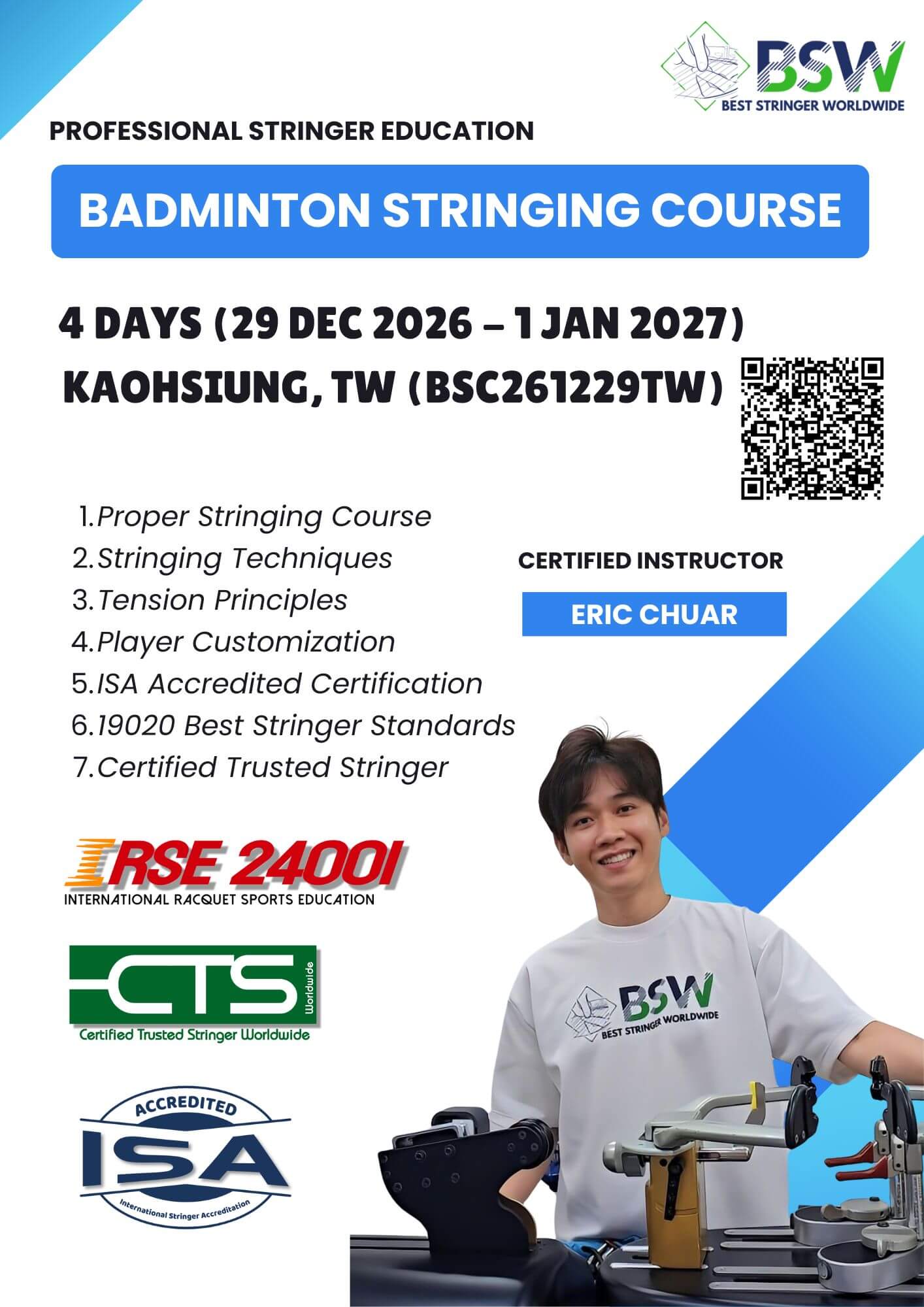 29 December 2026 BSC261229TW - BSW Badminton Stringing Course & Certification Taiwan