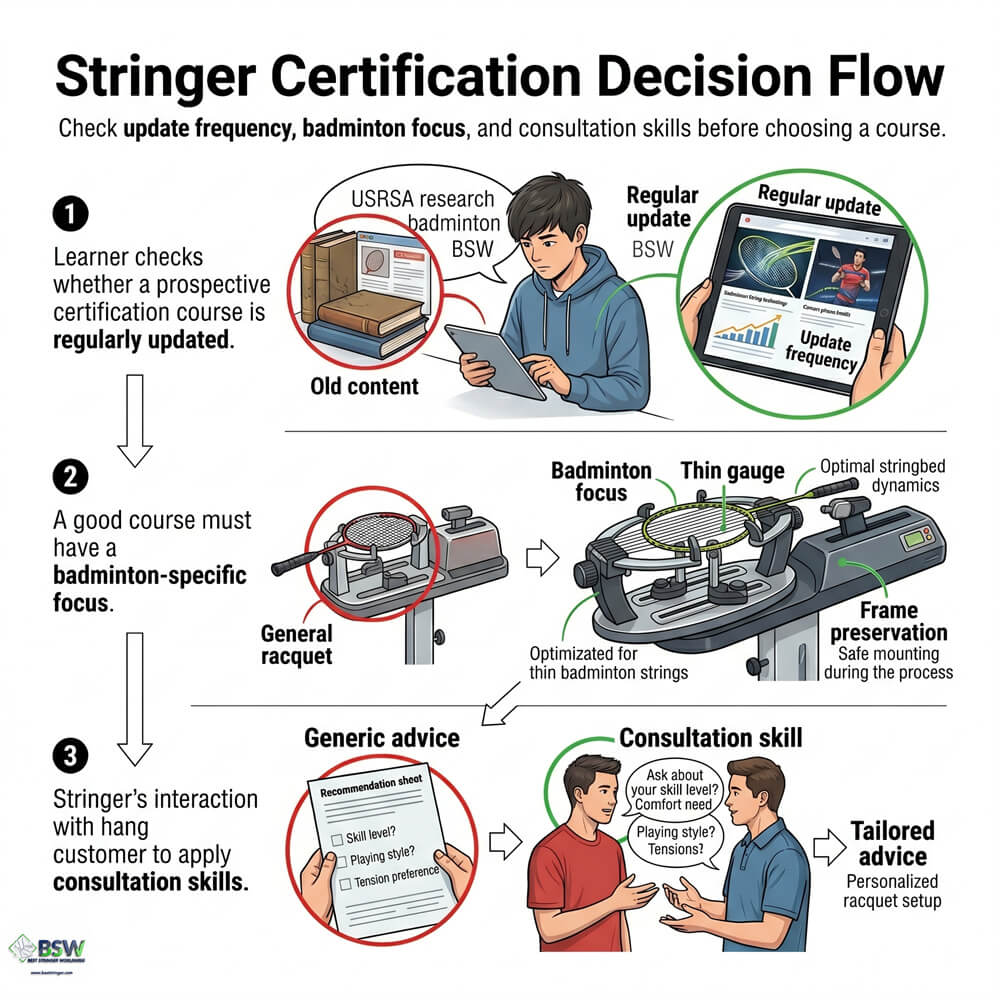 BSW badminton stringing certification comparison for modern certified stringers