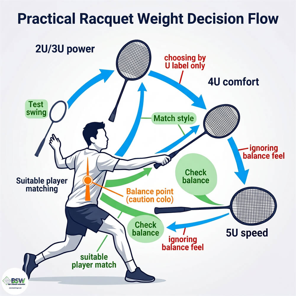 Badminton player comparing 3U and 4U racquets during a consultation