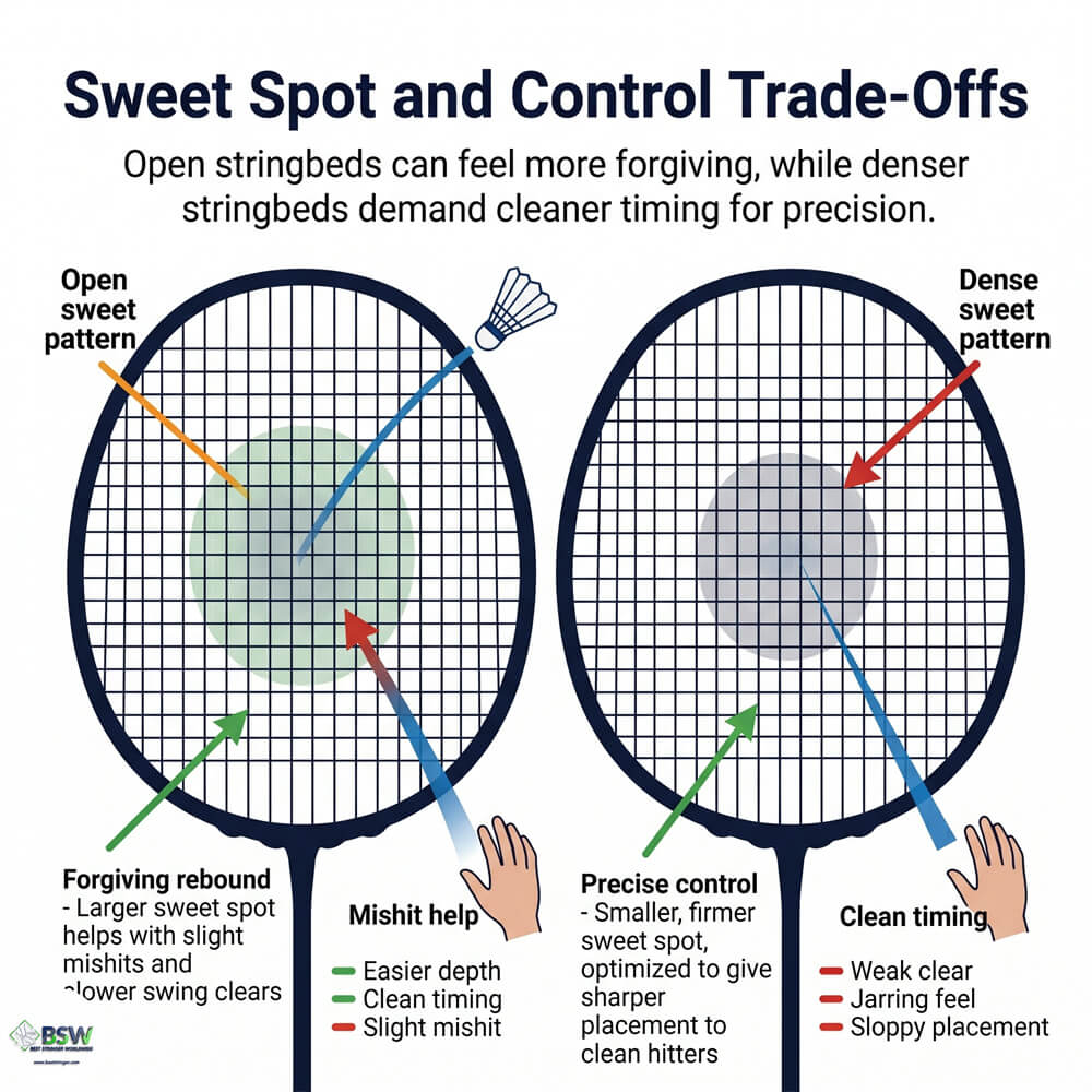 Badminton player comparing an open string pattern and a denser string pattern for power generation