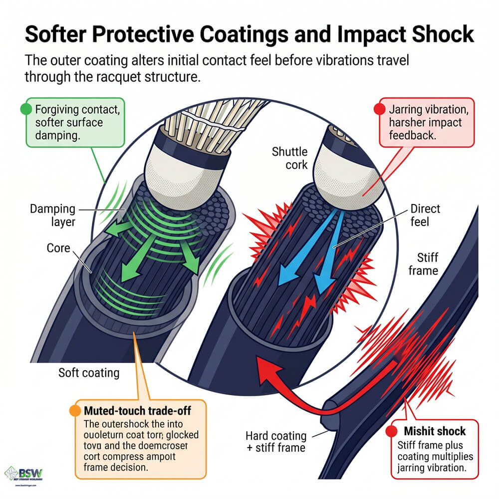 Badminton player comparing crisp vs softer string coatings alongside stringbed damping options