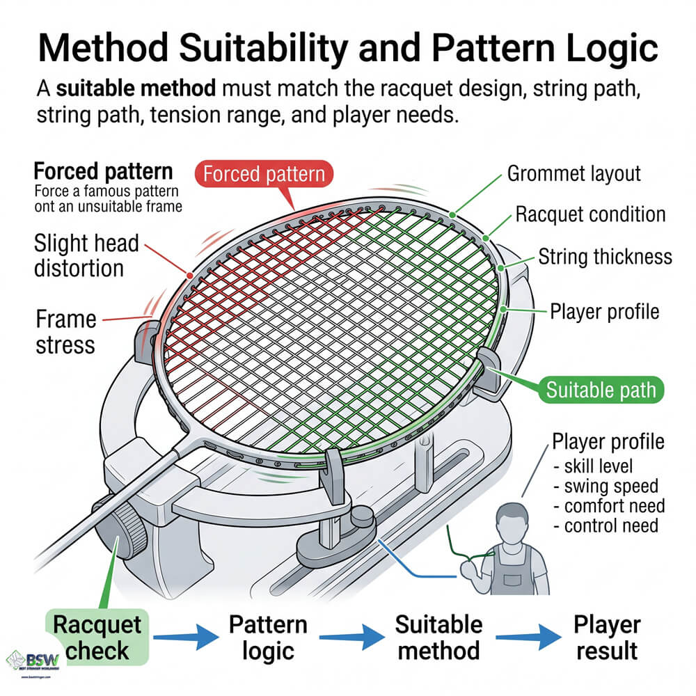 Badminton player comparing different stringing methods and tension control techniques