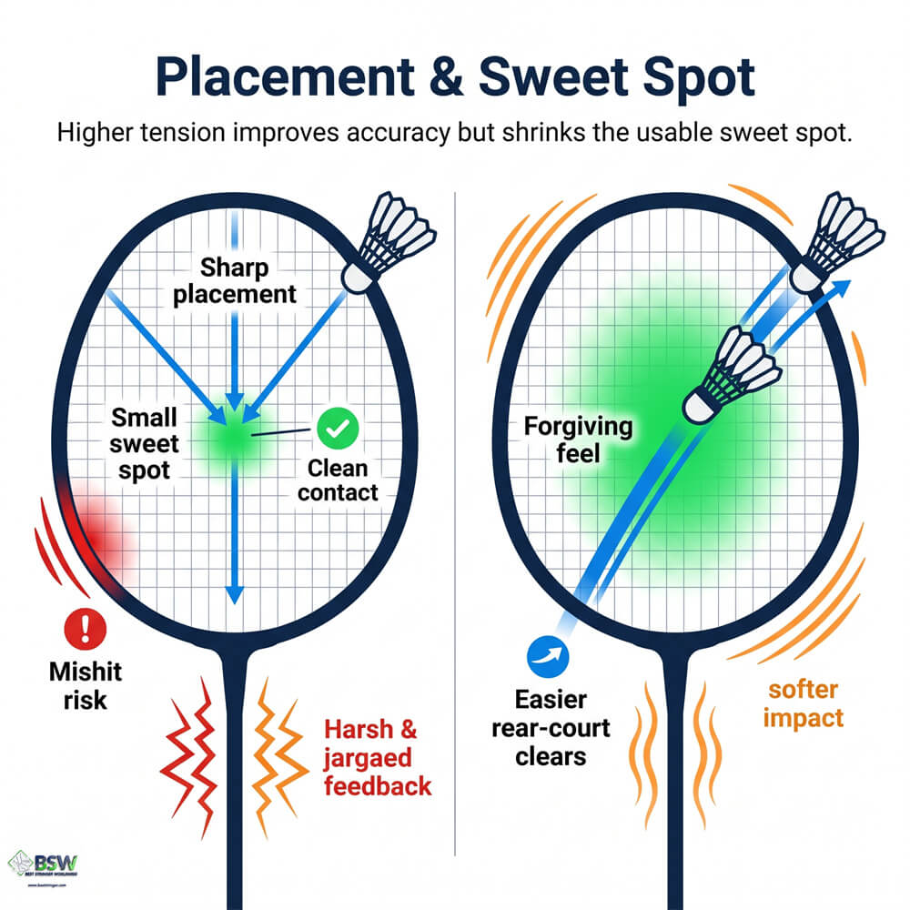 Badminton player comparing firm stringbed response against a softer stringbed for control