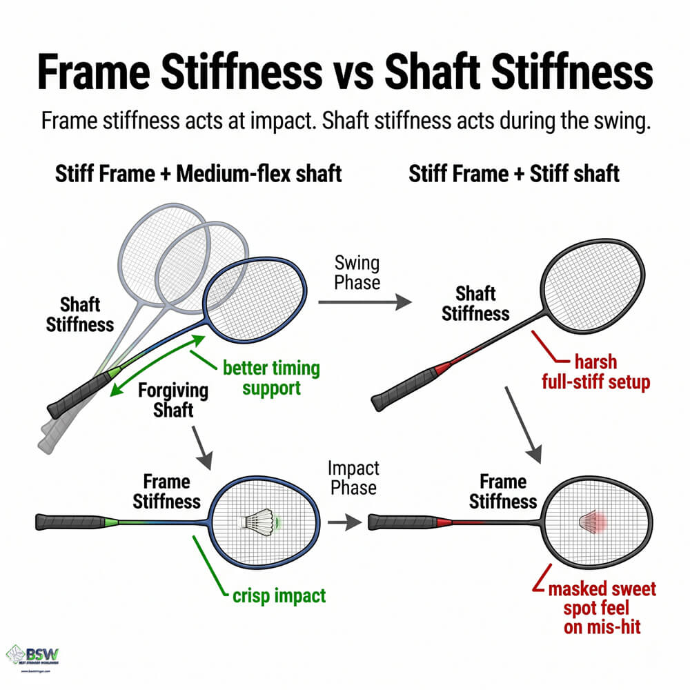 Badminton player comparing frame stiffness and off-centre stability