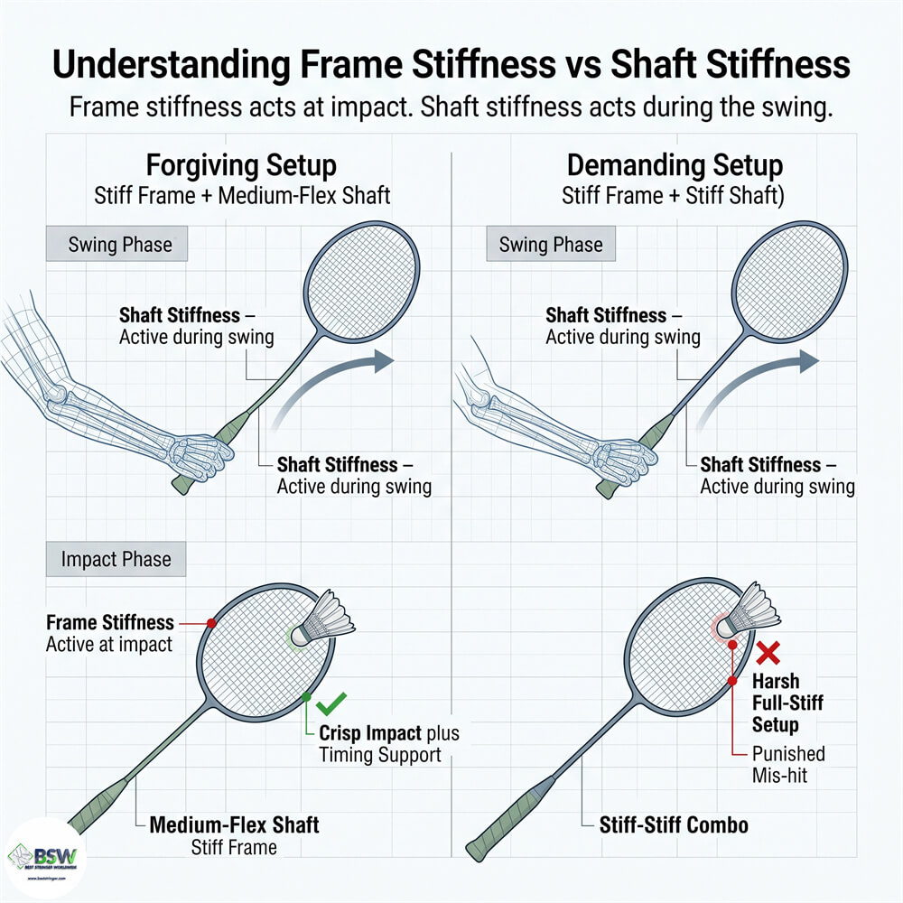 Badminton player comparing frame stiffness and shuttle response