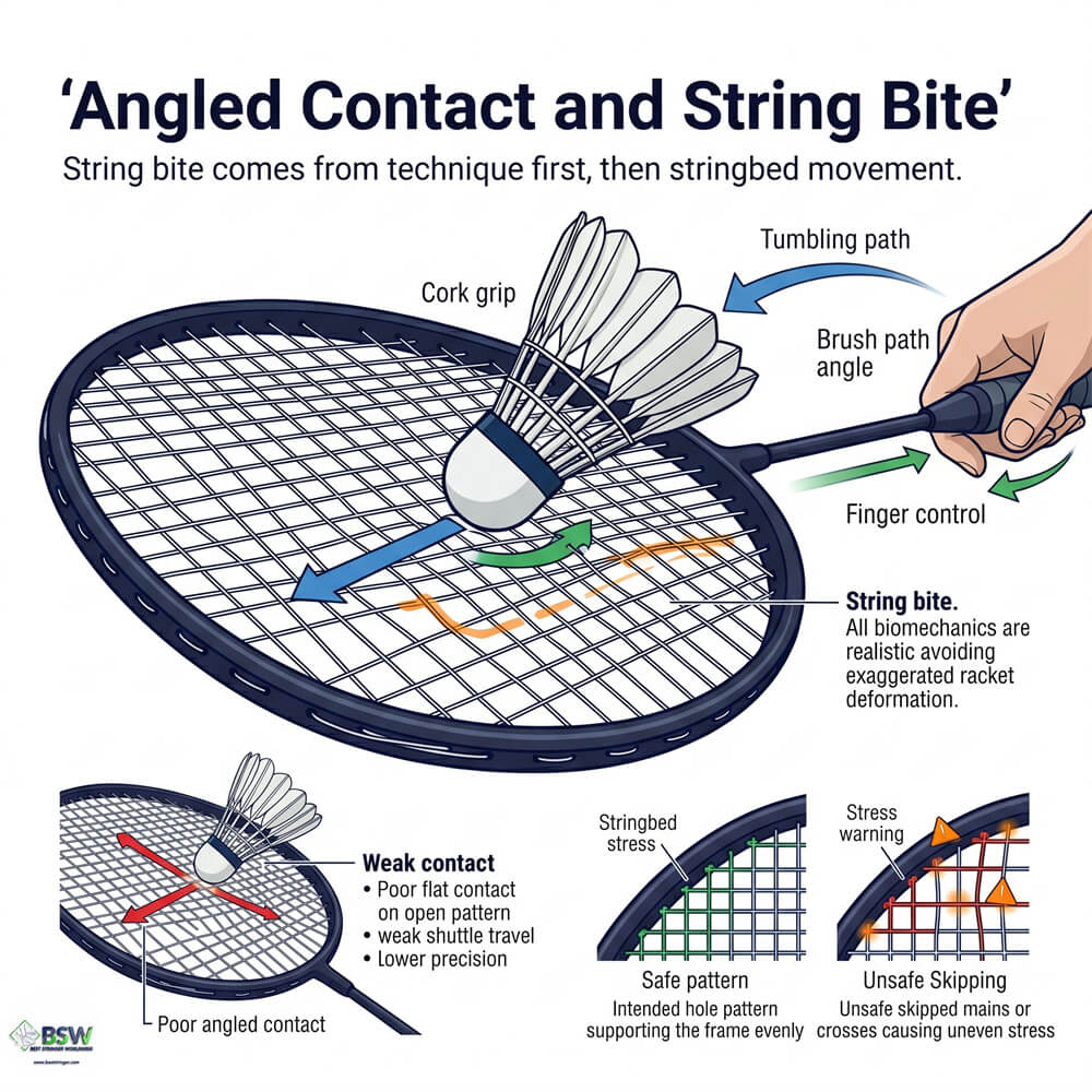 Badminton player comparing open vs dense string patterns and string spacing for spin control
