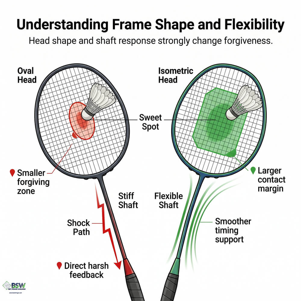 Badminton player comparing racquet forgiveness and off-centre stability
