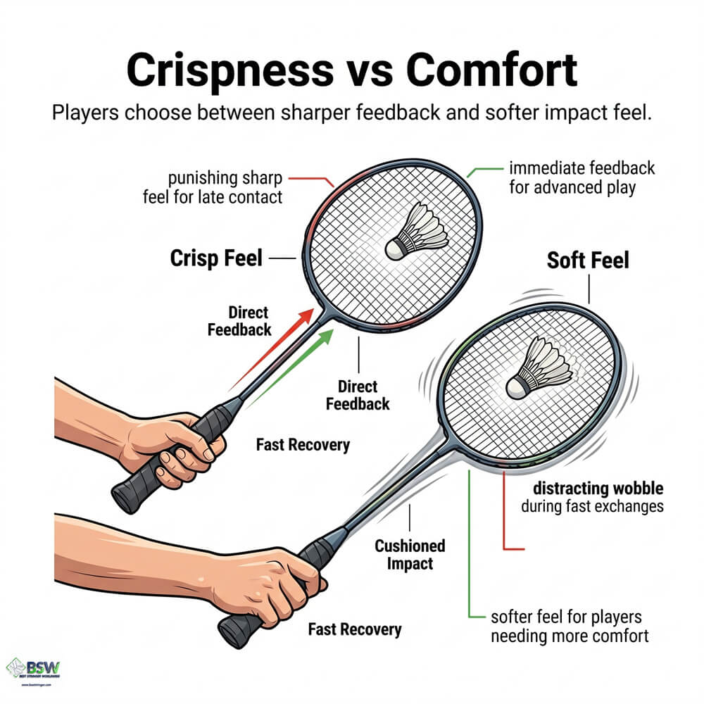 Badminton player comparing sharp impact feel and lingering racquet oscillation