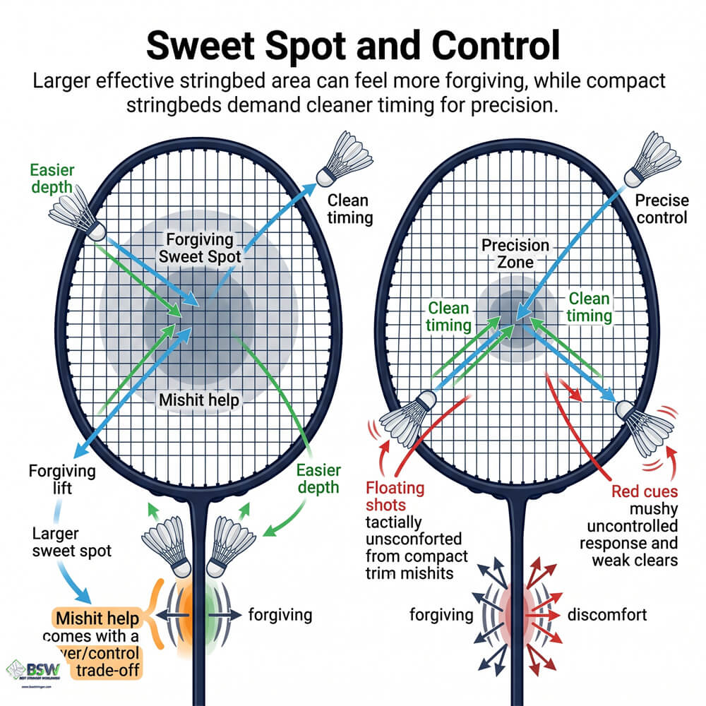 Badminton player comparing smaller and larger badminton stringbed area options for sweet spot feel