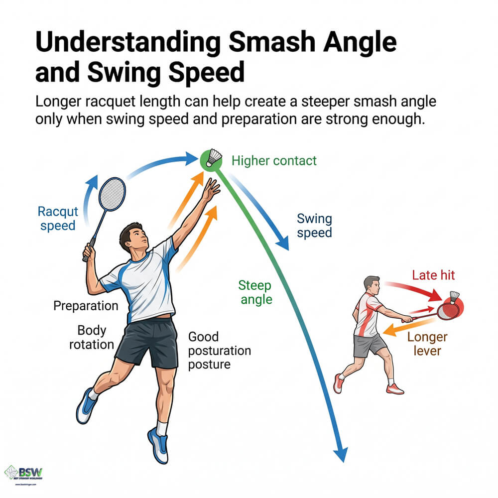 Badminton player comparing standard and extended badminton racquets for steeper smash angles