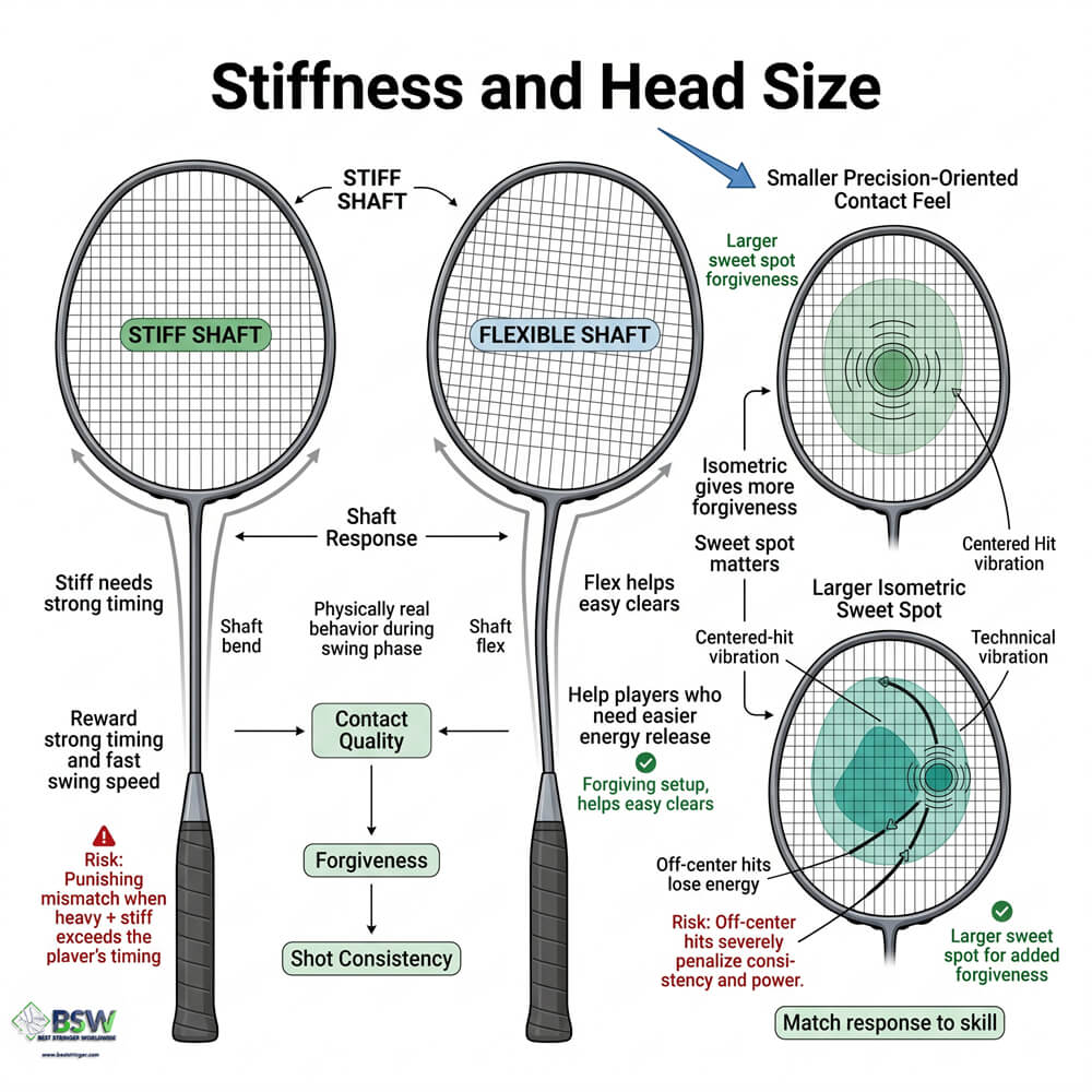 Badminton player comparing stiff vs flexible shafts alongside heavier racquet weight options