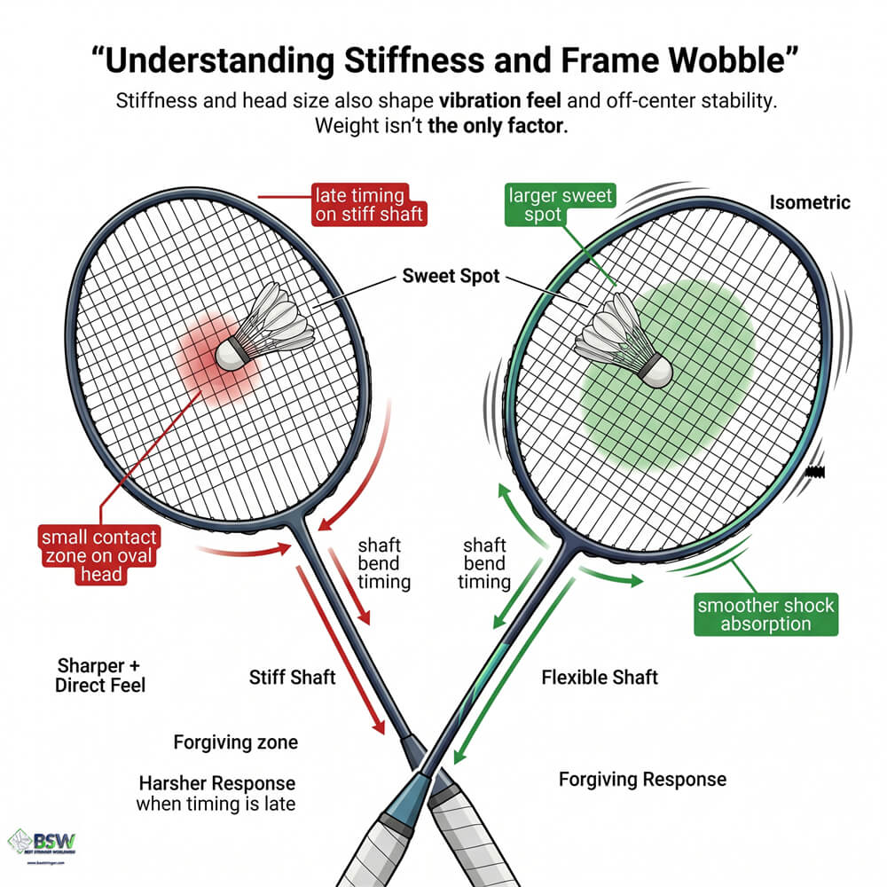 Badminton player comparing stiff vs flexible shafts for shaft wobble and racquet oscillation