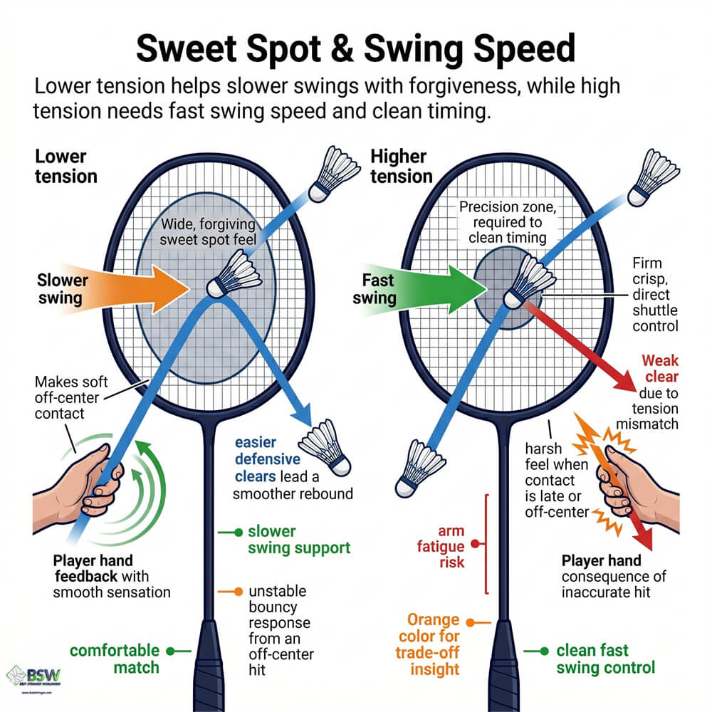 Badminton player comparing sweet spot feel alongside lower string tension options