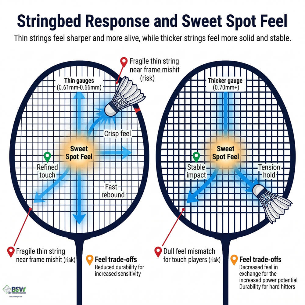 Badminton player comparing thin vs thick badminton string gauges for power and durability