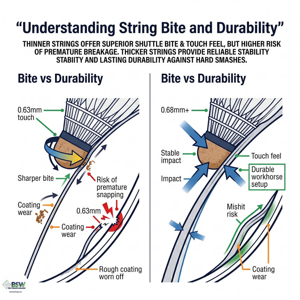 Badminton player comparing thin vs thick badminton strings for shuttle rotation and durability