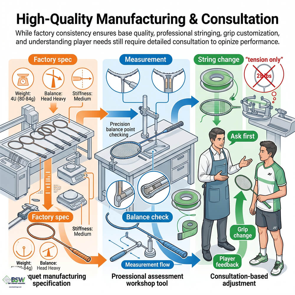 Badminton player consulting about factory unstrung specifications and final swing weight