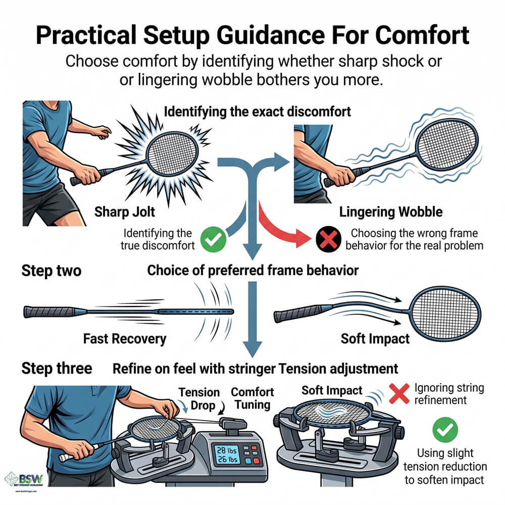 Badminton player evaluating racquet vibration amplitude and frequency