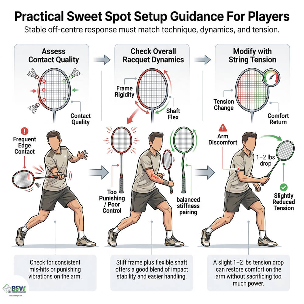 Badminton player learning about frame deformation and sweet spot size