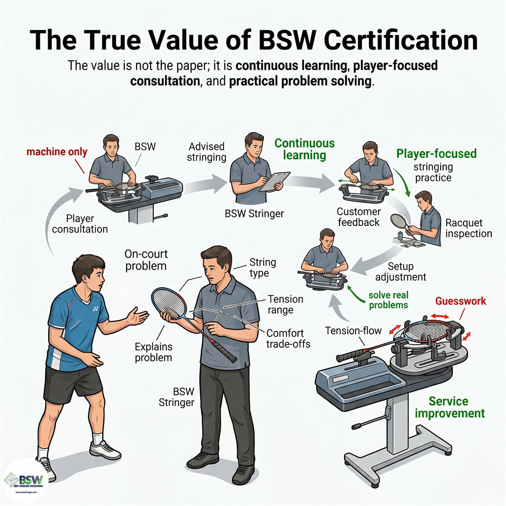 Badminton player receiving stringing advice from a BSW certified stringer