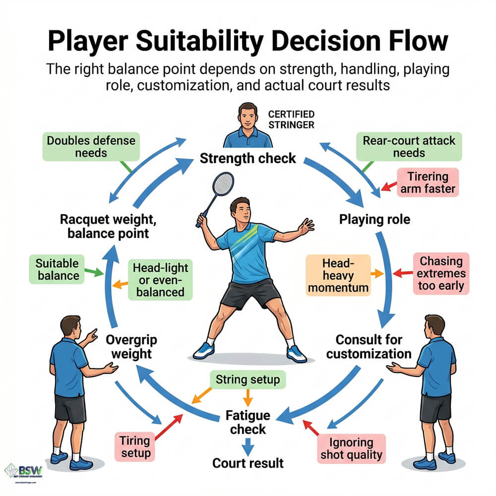 Badminton player selecting a head-heavy racquet for improved head inertia and smash power